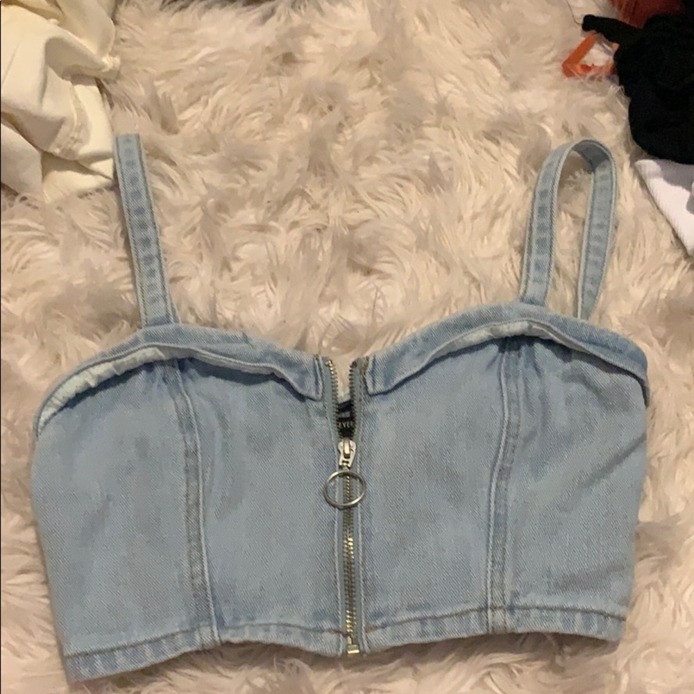 Denim zip up crop top